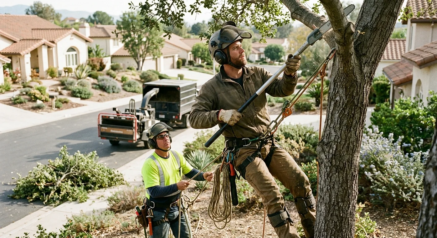 Crew clearing dense brush from a residential lot in Camarillo