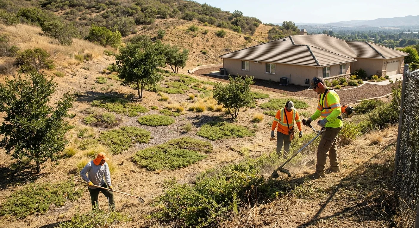 Cleared hillside slope showing removed brush and restored defensible space near a home