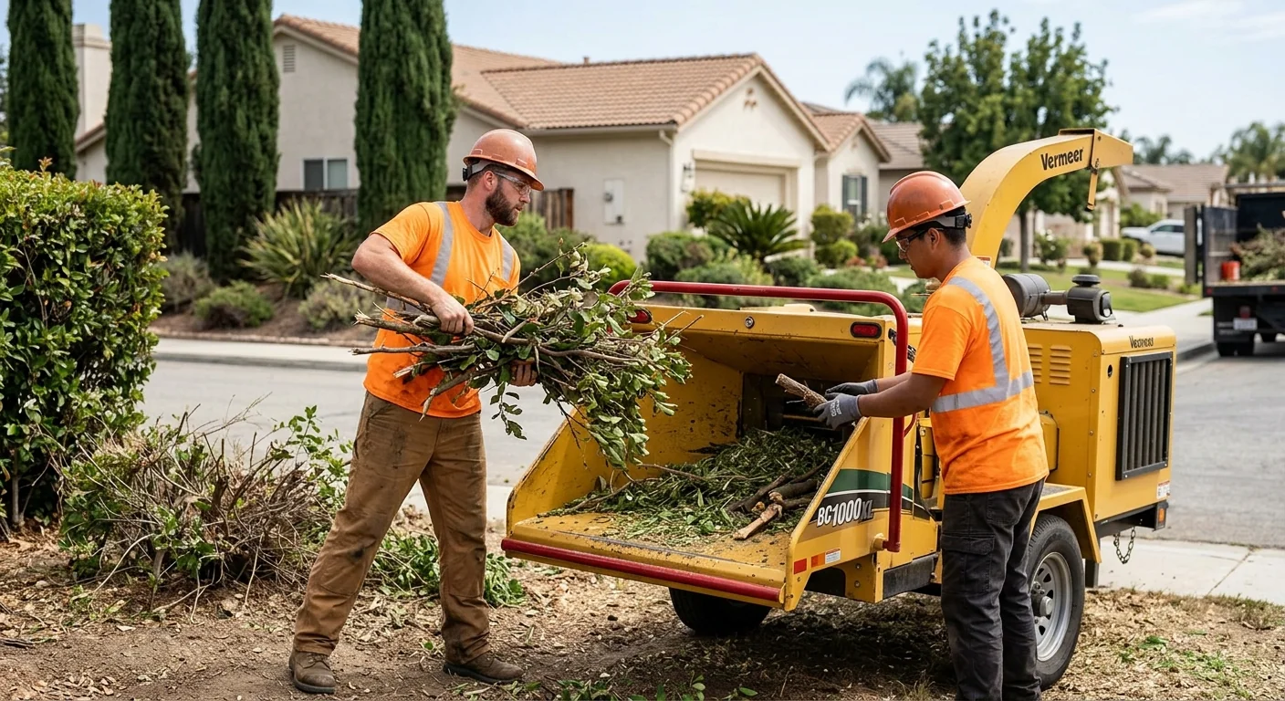 Crew feeding cut undergrowth into a brush chipper on a residential lot