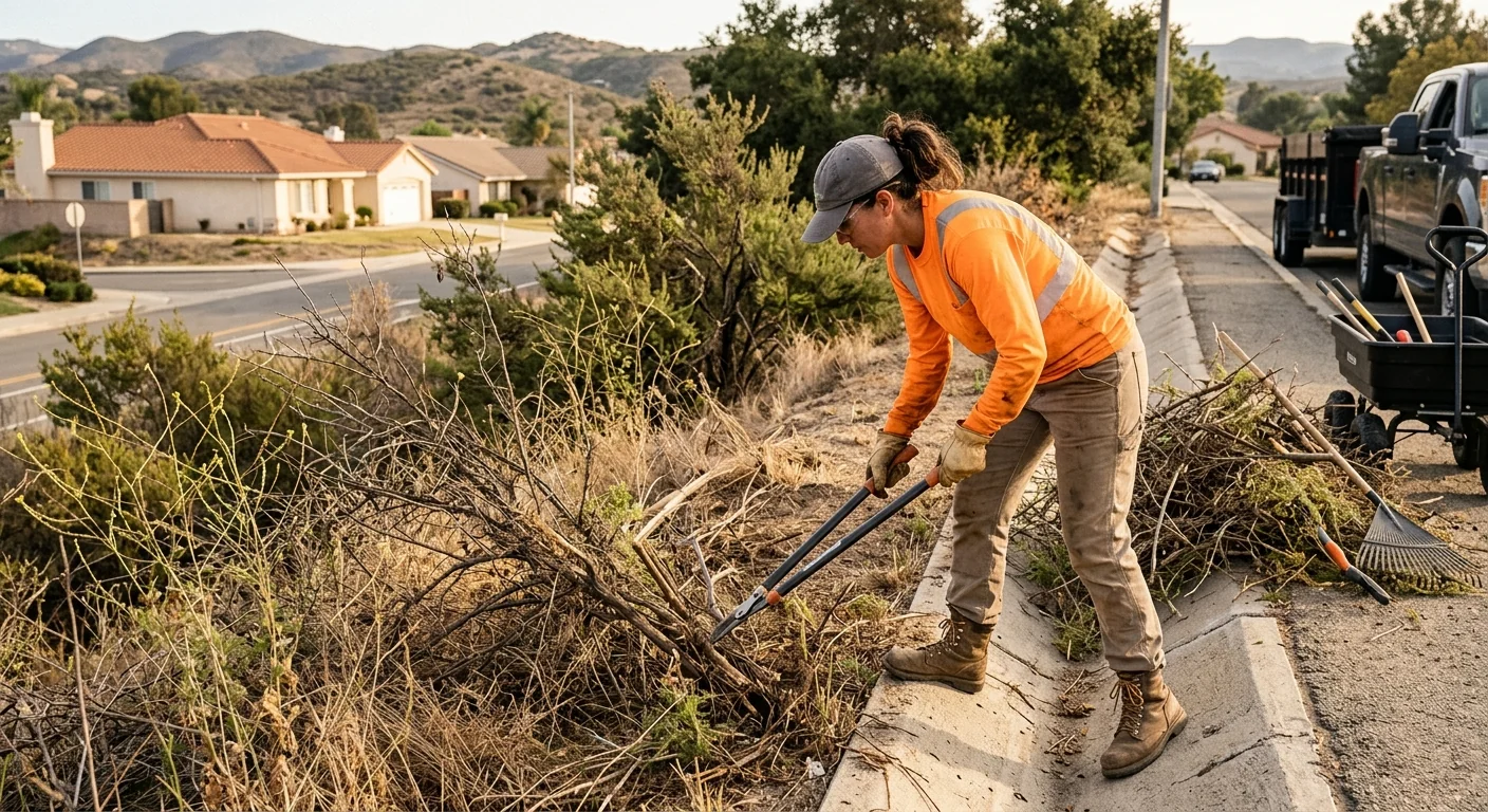 Worker cutting dead vegetation along a sloped drainage path with hand tools