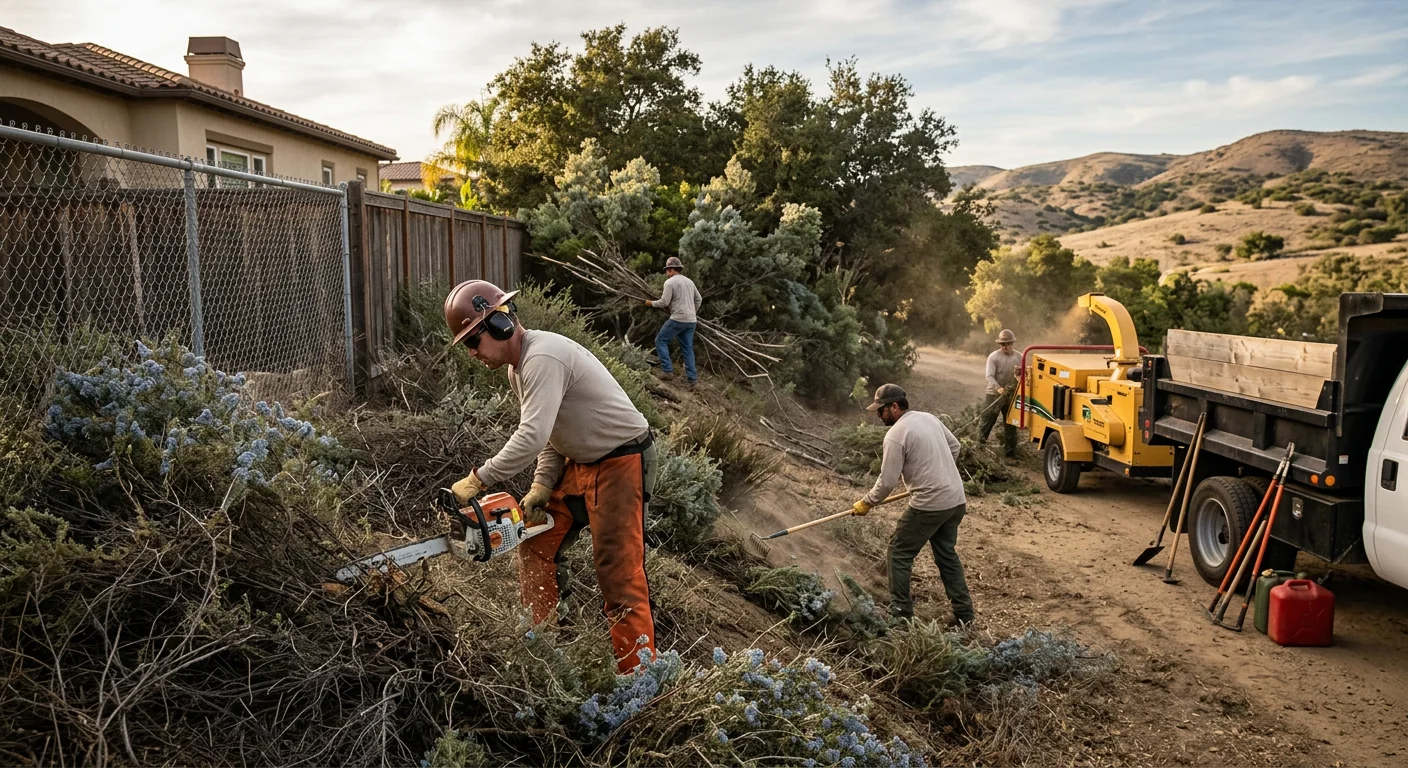 Crew clearing dense brush and ladder fuels along a Camarillo property line