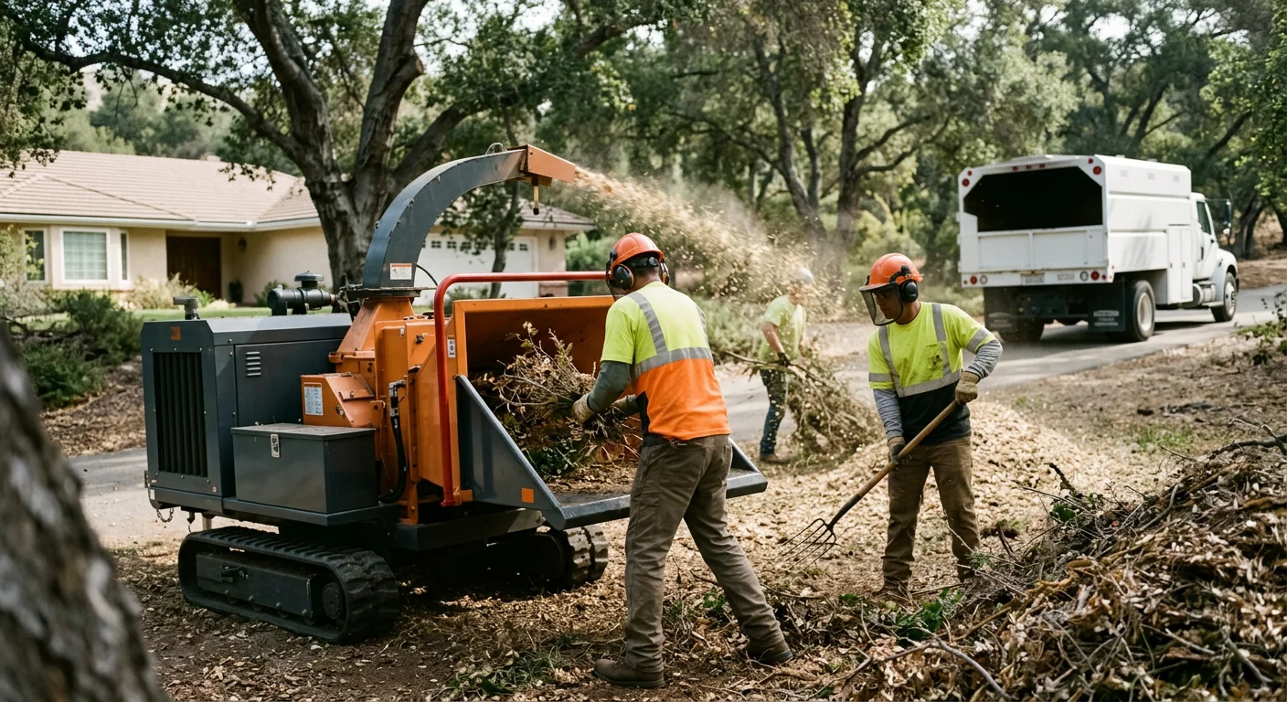 Wood chipper processing cleared vegetation during scheduled brush maintenance service