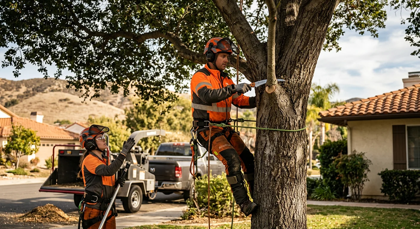 Arborist reviewing crane setup and rigging plan on a Camarillo property