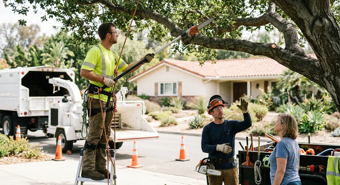 Crane lifting a sectioned tree over a Camarillo residential property during removal