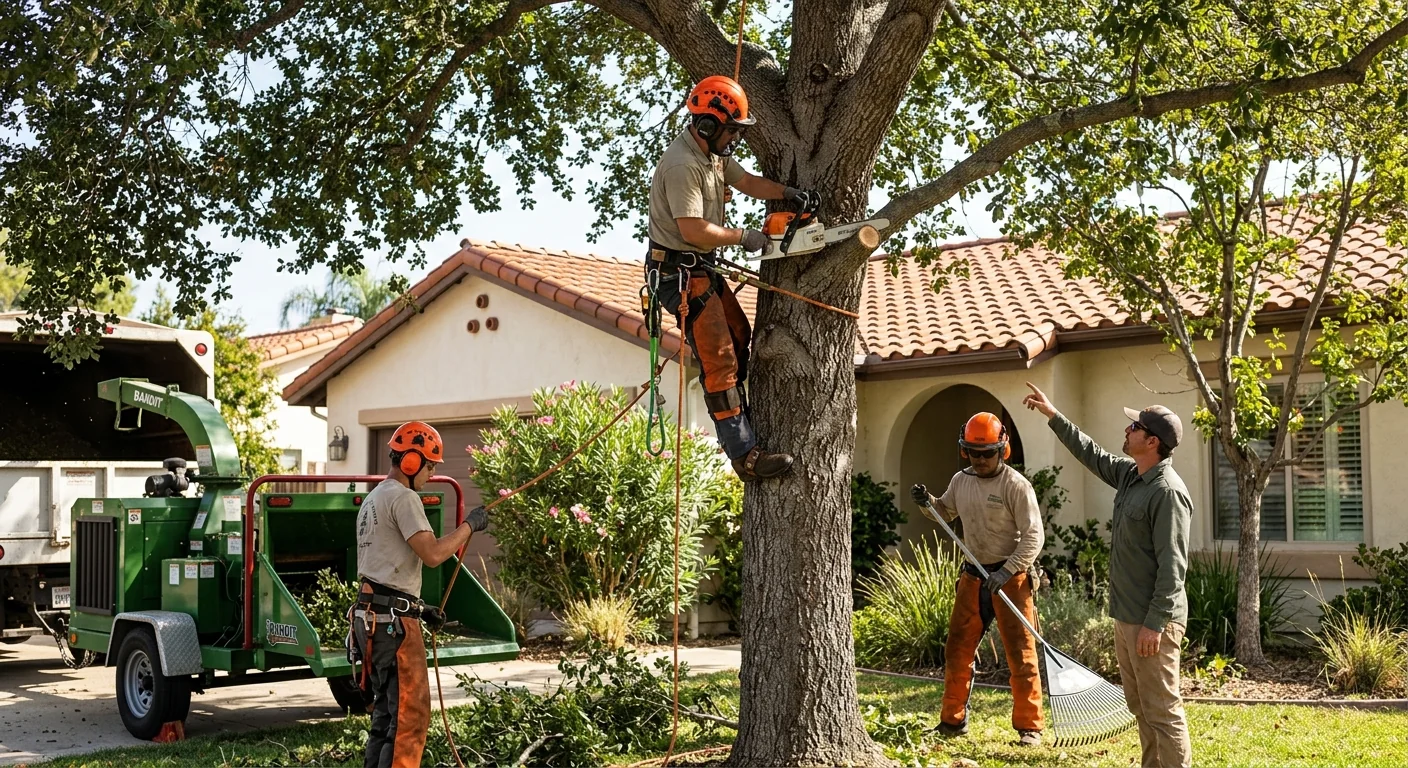 Crane positioned with outriggers beside a tall tree on a residential lot
