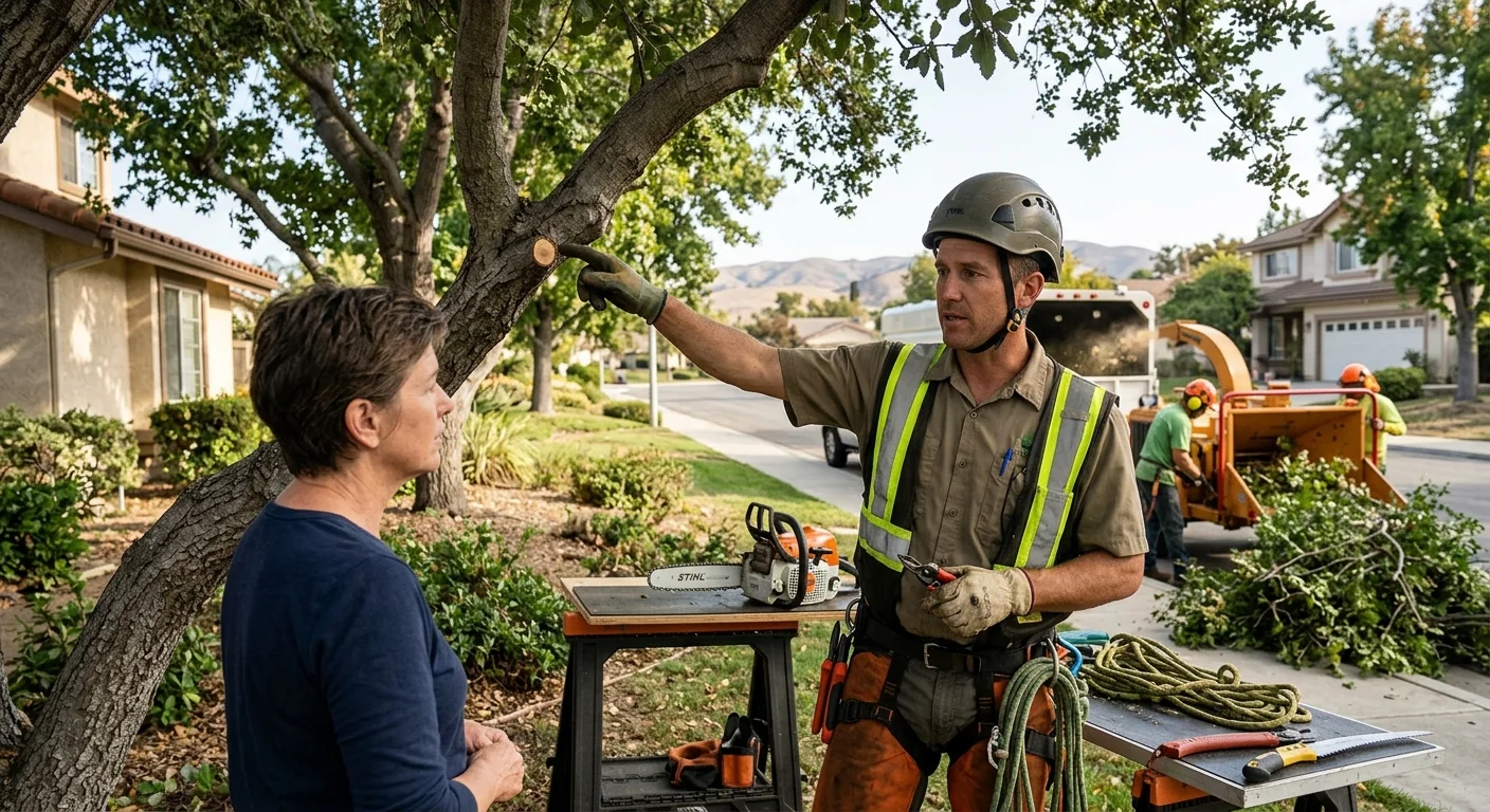 Crane lifting a large tree section over a Camarillo residential property