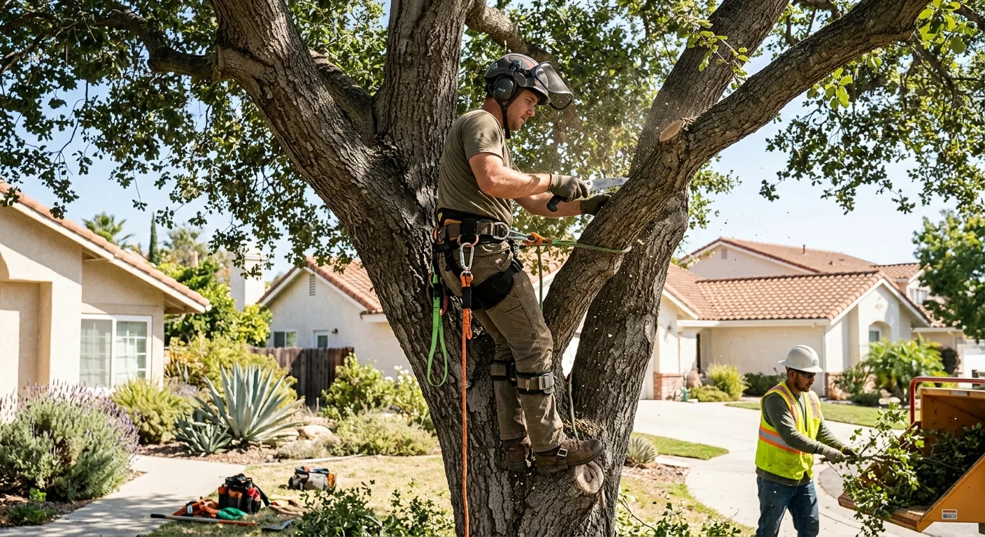 Large leaning tree beside a Camarillo home flagged for crane assisted removal