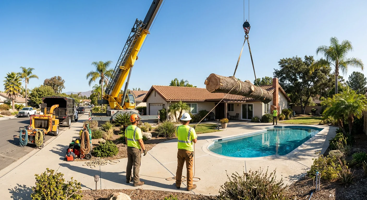 Crane lifting an oak section over a backyard pool deck in Camarillo