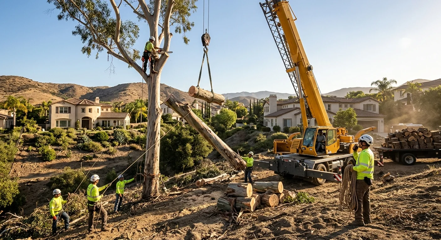 Crane removing a storm damaged eucalyptus crown on a Camarillo hillside lot