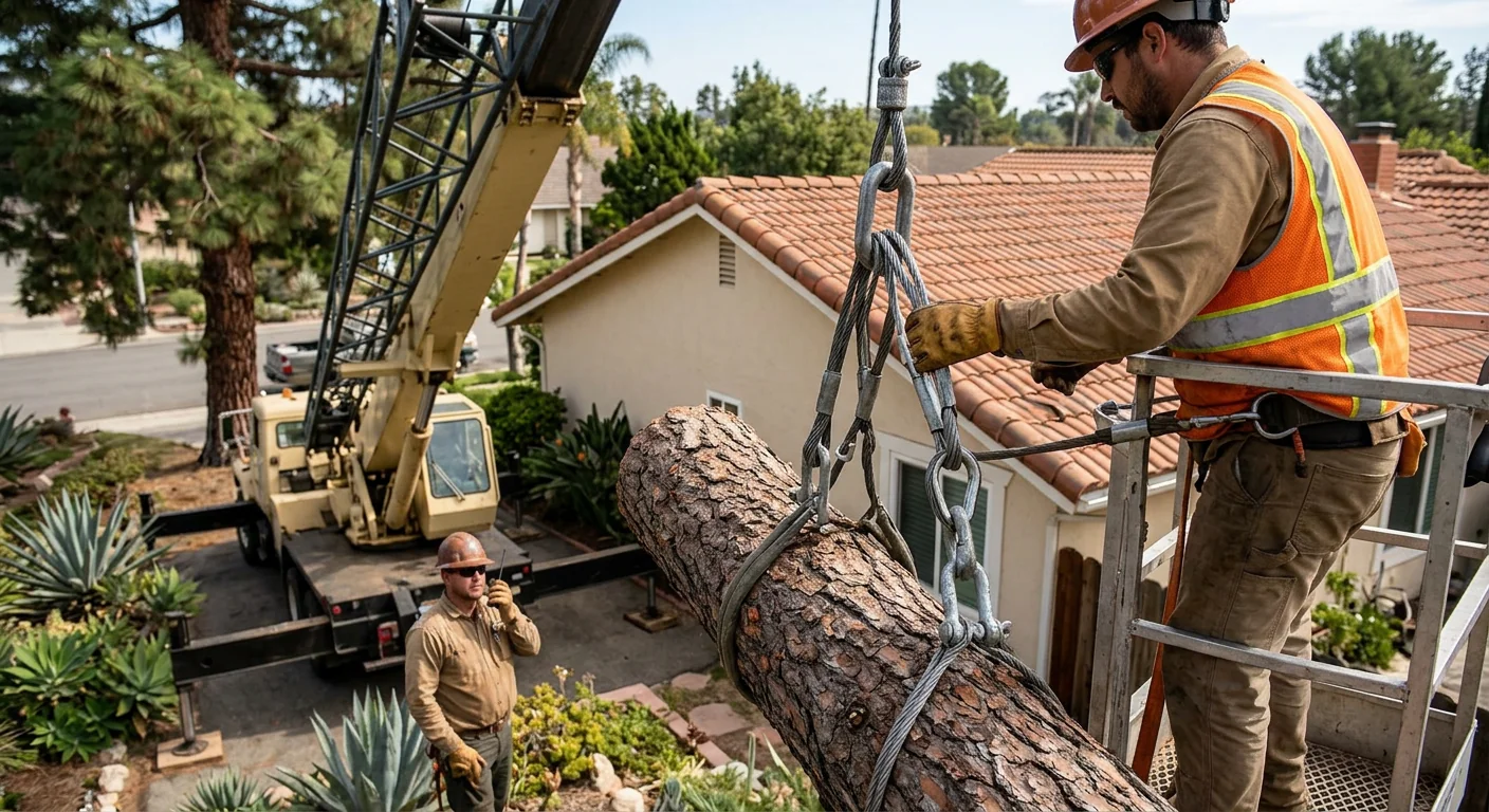 Rigging slings on a pine section lifted above a two story roofline