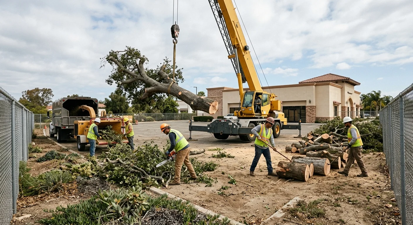 Crane clearing large trees on a fenced commercial lot in Camarillo