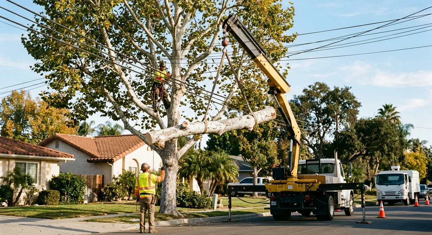 Crane supporting a sycamore section near utility lines during hazard removal