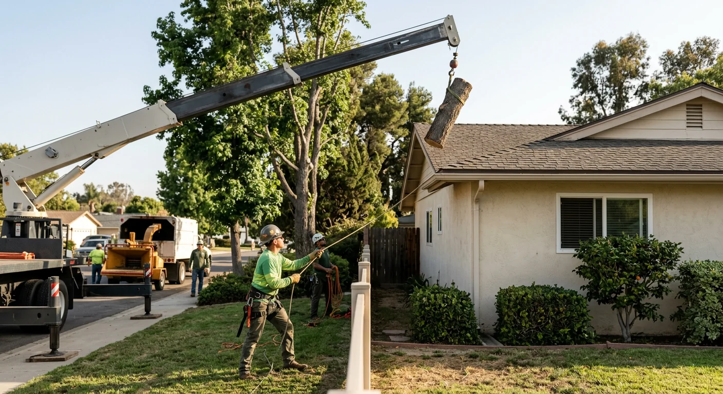 Crane reaching over a house to remove a tree from a narrow side yard