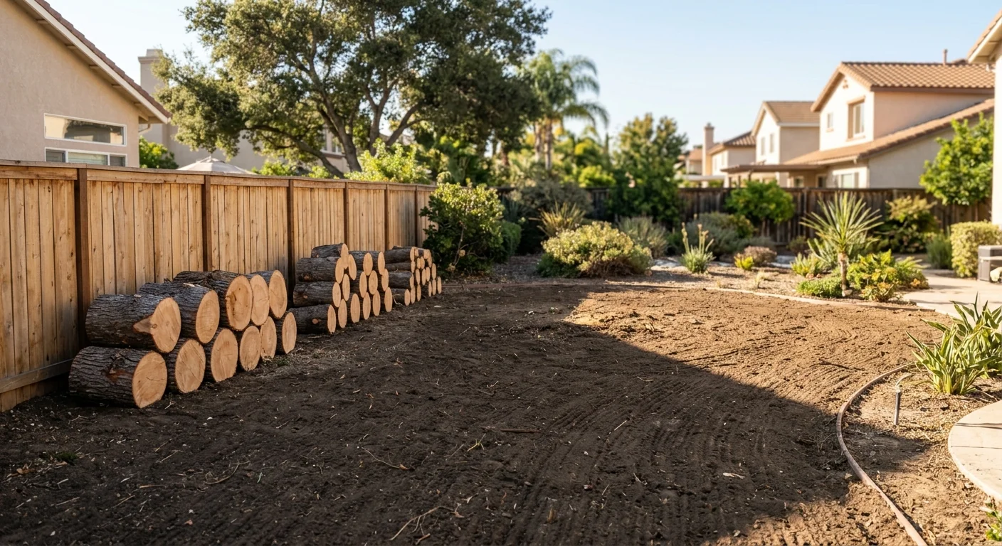 Clean residential yard after crane tree removal with stacked wood rounds