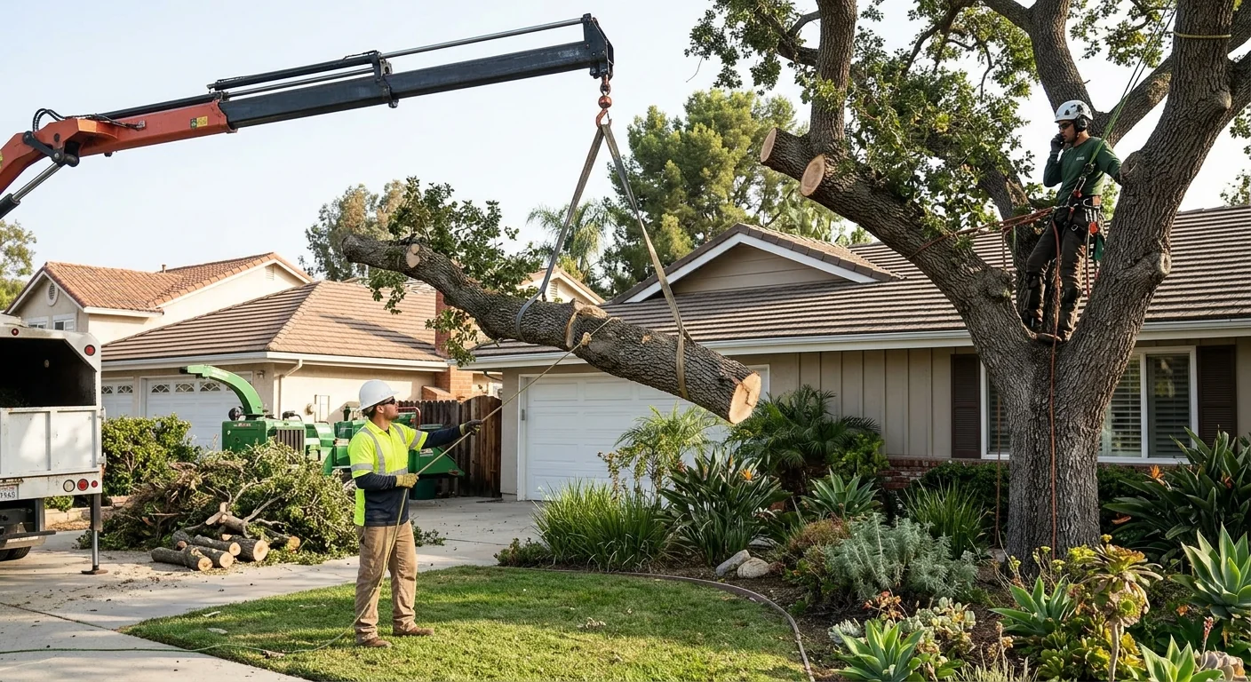 Crane lifting a large sectioned tree limb over a Camarillo backyard