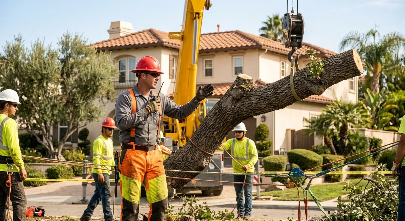 Arborist directing rigging and drop zone during a technical crane removal