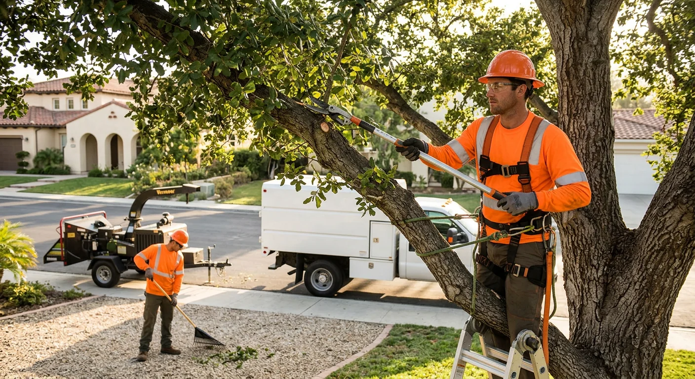 Crane positioned to remove a large fallen tree beside a Camarillo residential property
