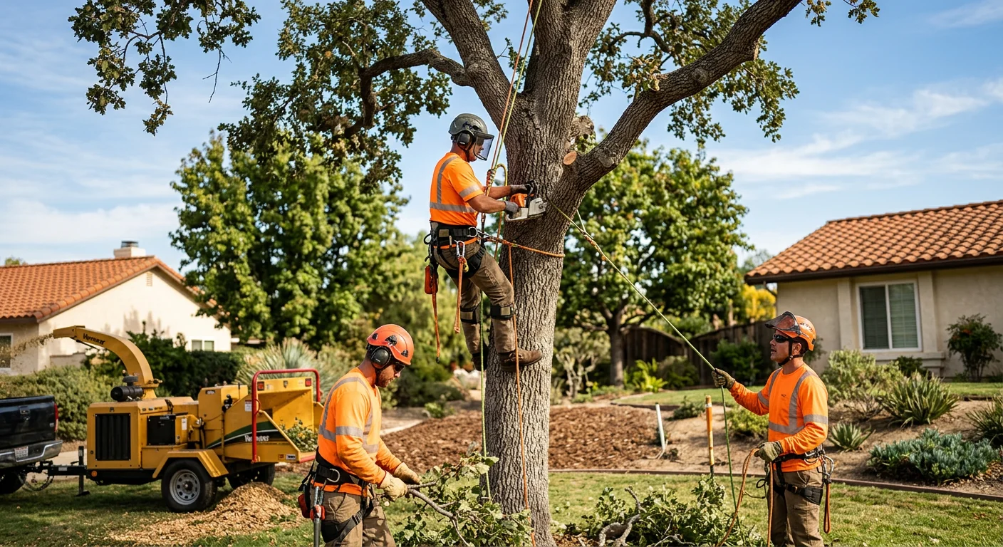 Arborist inspecting a storm-damaged tree during emergency service in Camarillo