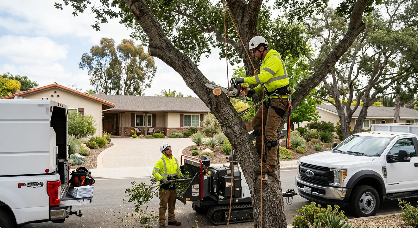 Arborist rigging a storm-damaged tree limb over a Camarillo home after high winds