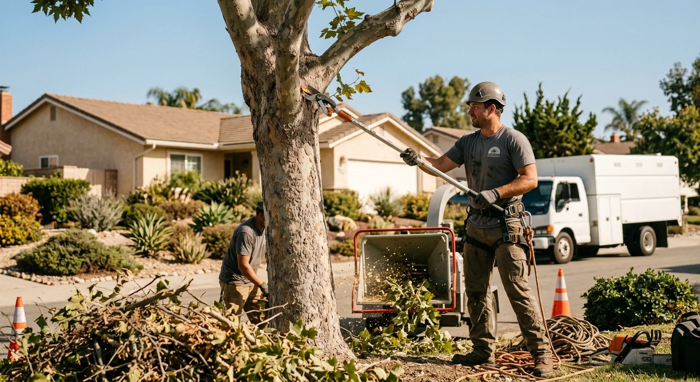 Storm-damaged oak with split limbs leaning over a Camarillo home driveway