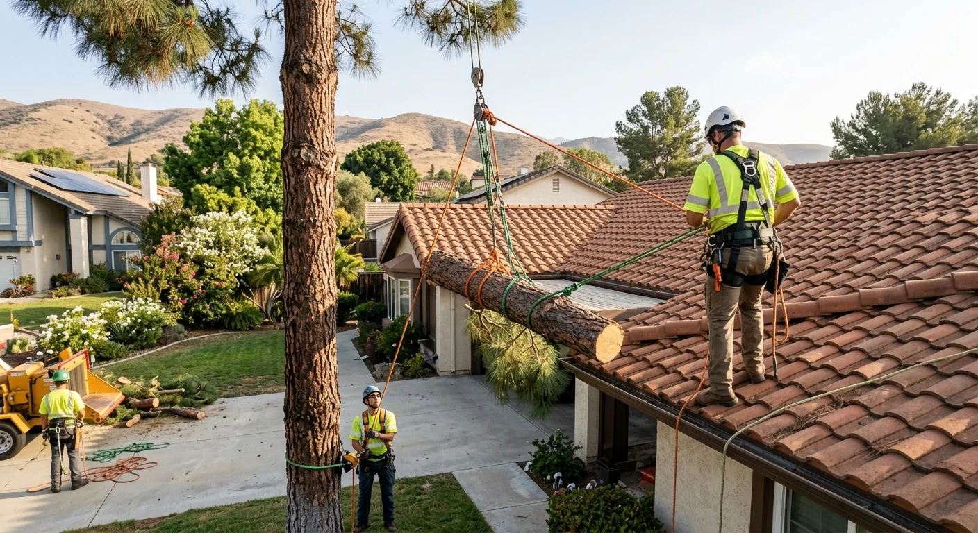 Crew rigging a fallen pine off a residential rooftop in Camarillo