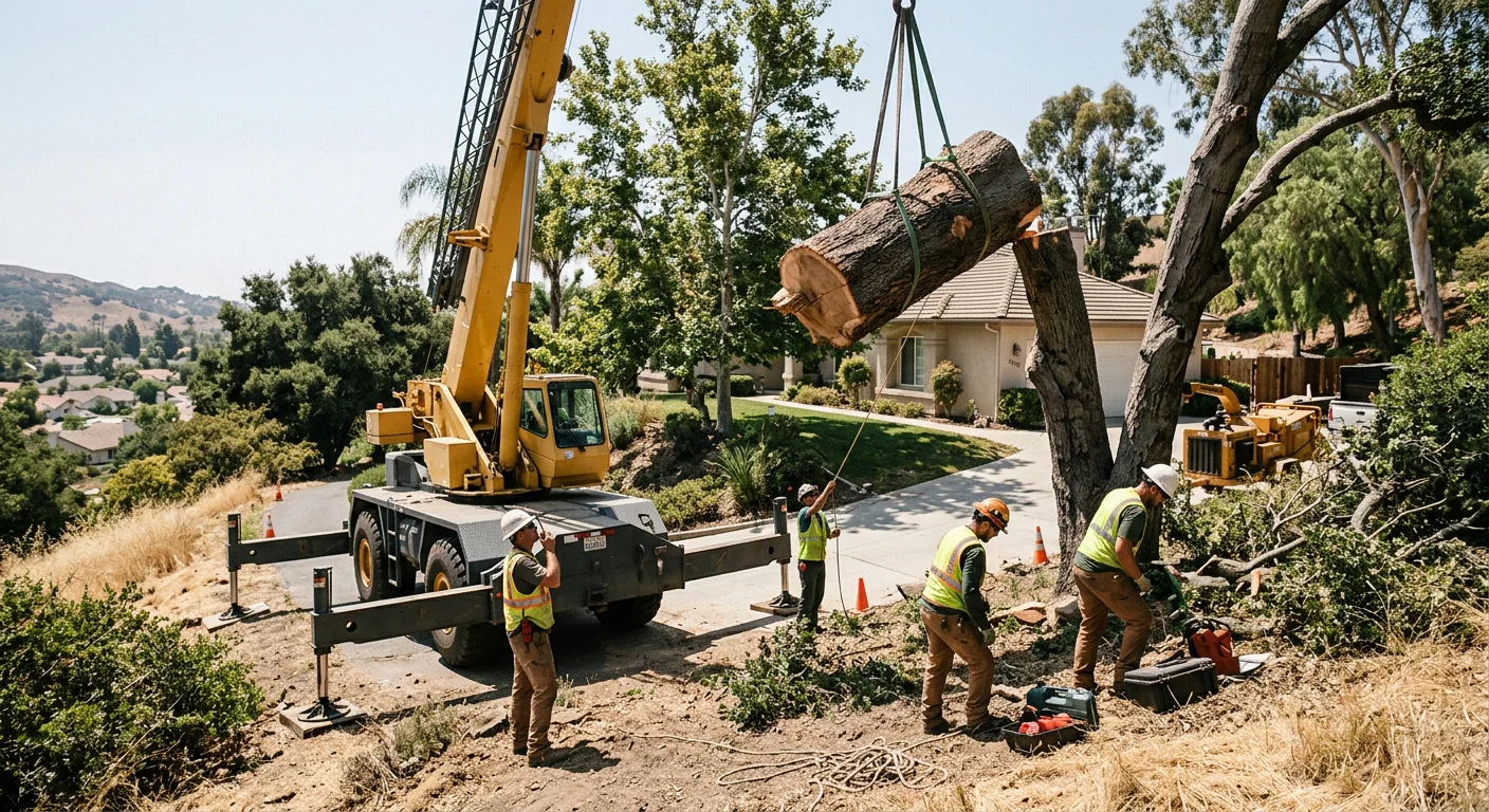 Crane lifting large trunk sections from a steep hillside lot in Camarillo