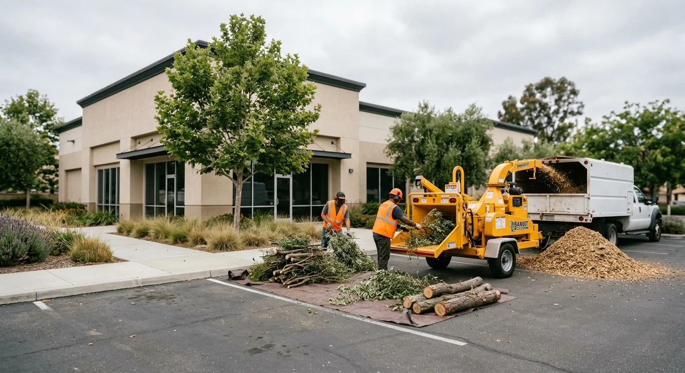 Cleared commercial storefront frontage after storm tree debris removal in Camarillo