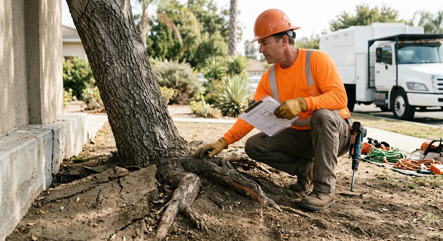 Leaning tree with exposed lifted roots beside a residential foundation wall