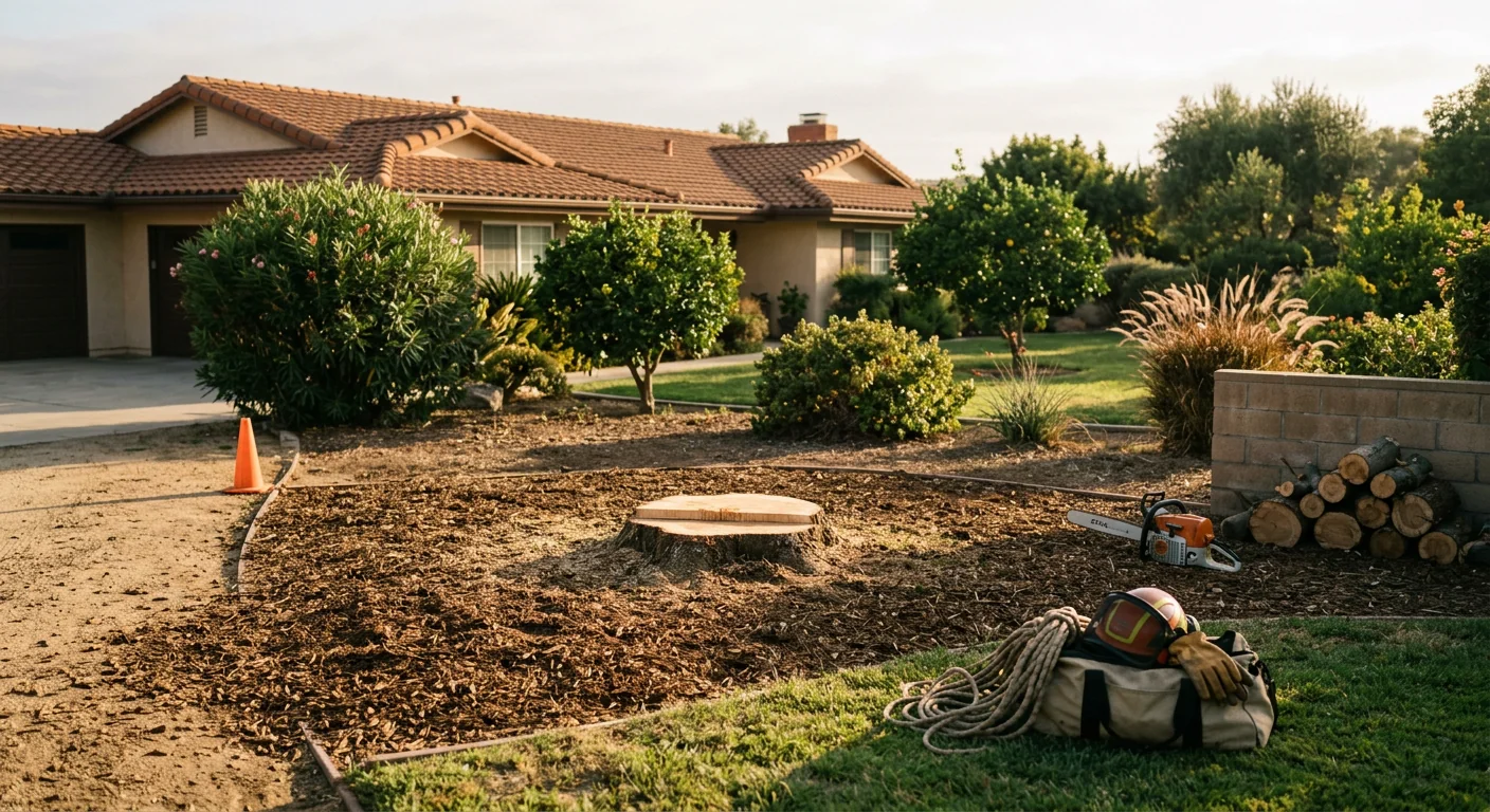 Clean raked yard showing completed emergency tree removal result in Camarillo