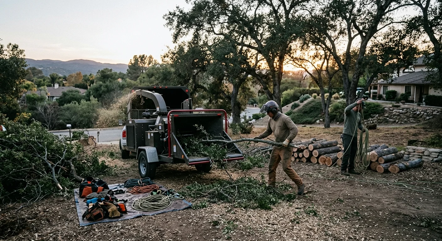 Tree service equipment and rigging staged on a large Camarillo property