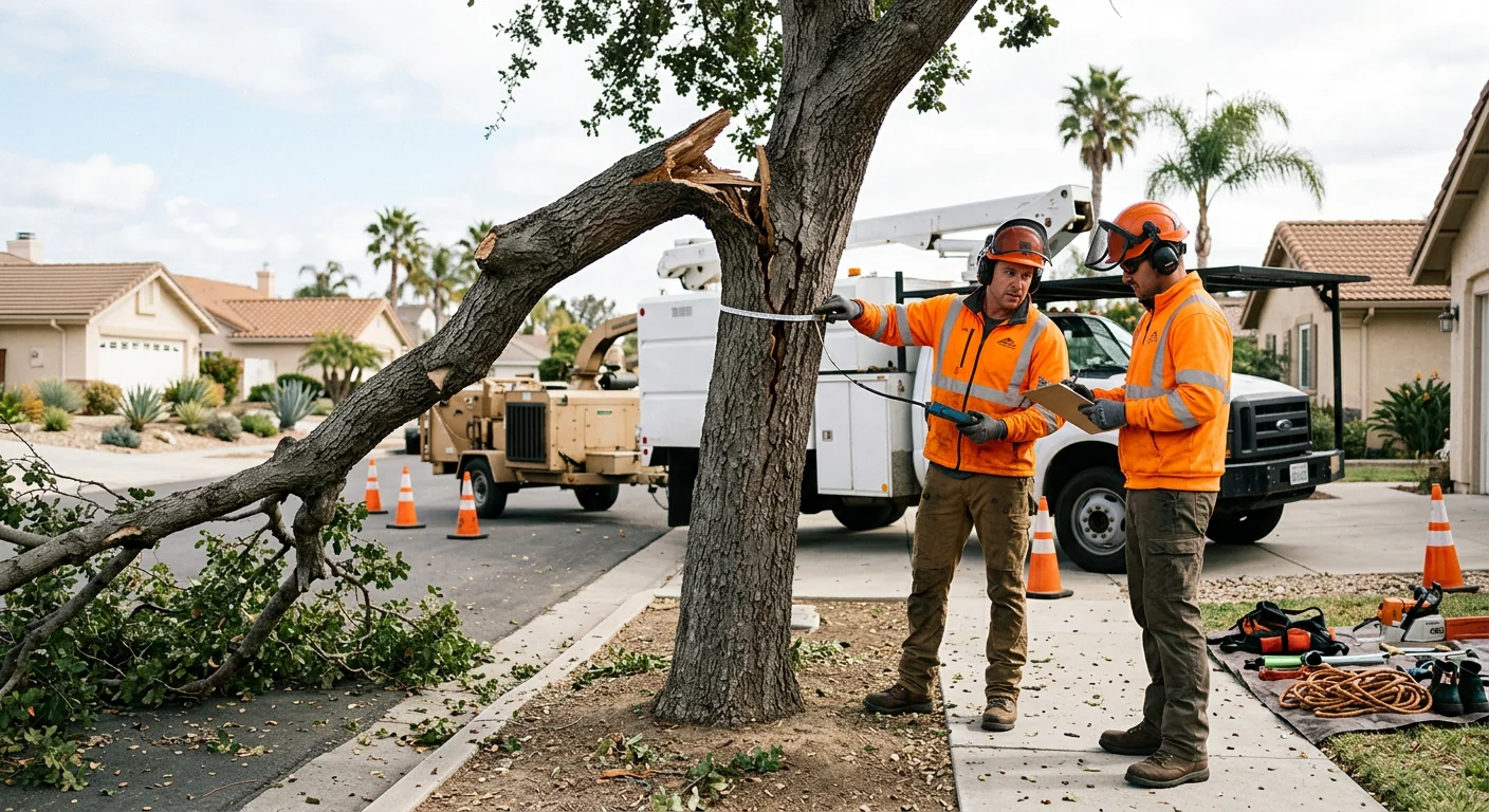 Tree crew performing emergency hazard assessment on a storm-damaged tree in Camarillo