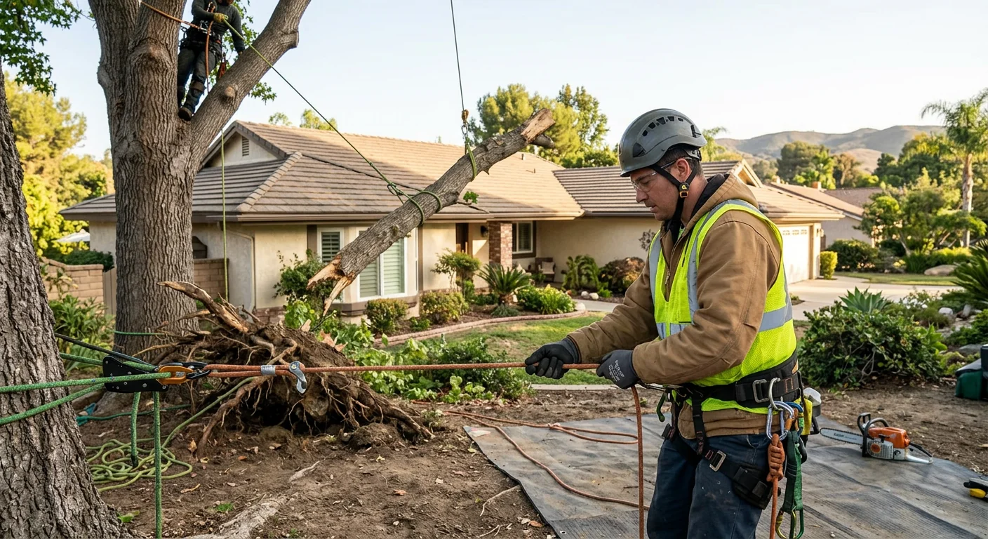 Arborist using controlled rigging to lower a broken limb near a home