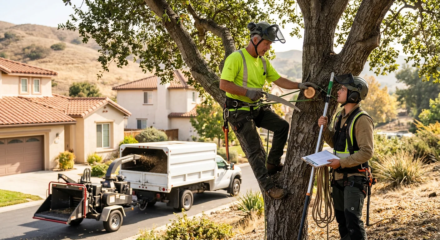 Arborist inspecting a leaning hazardous tree before removal on a Camarillo property