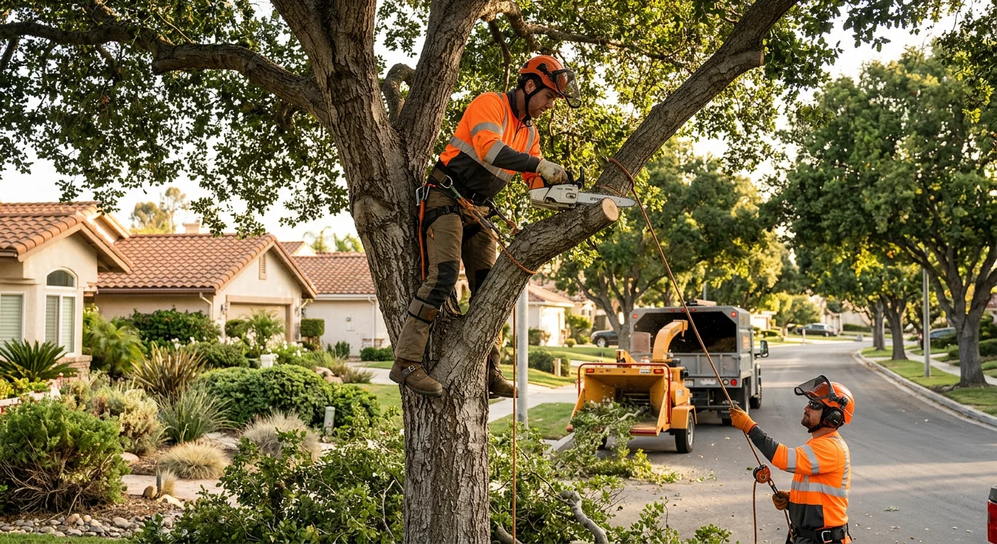 Technician inspecting decayed trunk cavity on a hazardous tree before removal in Camarillo