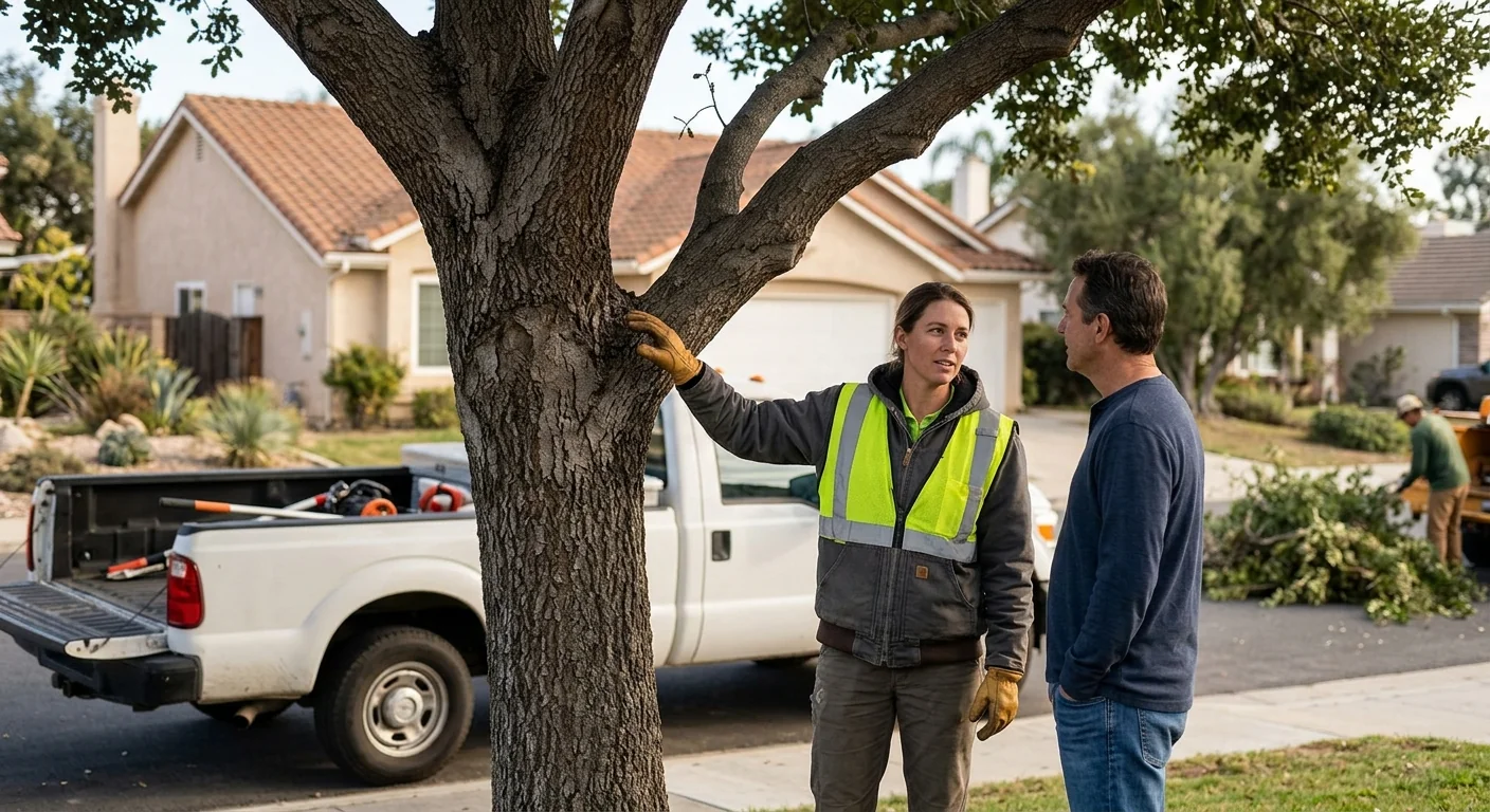 Arborist rigging a decayed hazardous tree for controlled removal near a Camarillo home