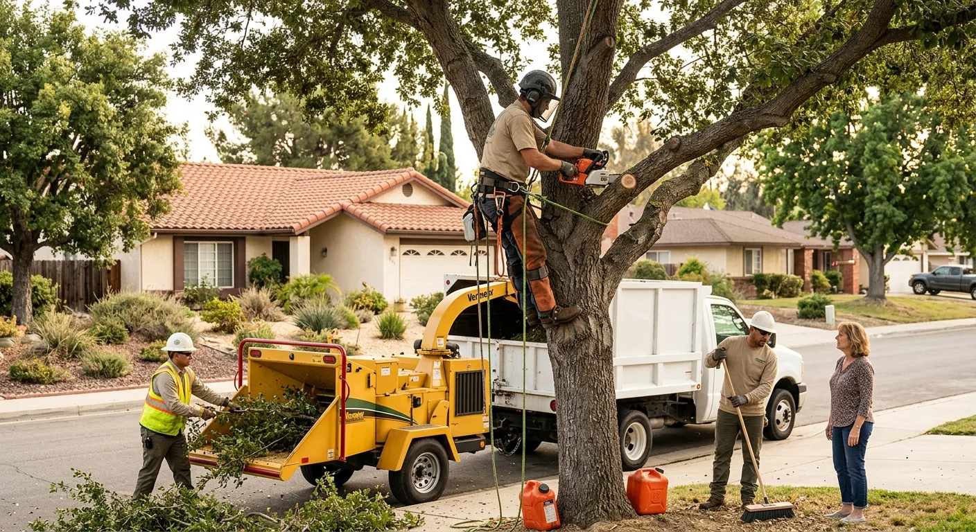 Leaning storm-damaged tree with cracked trunk beside a Camarillo home requiring removal