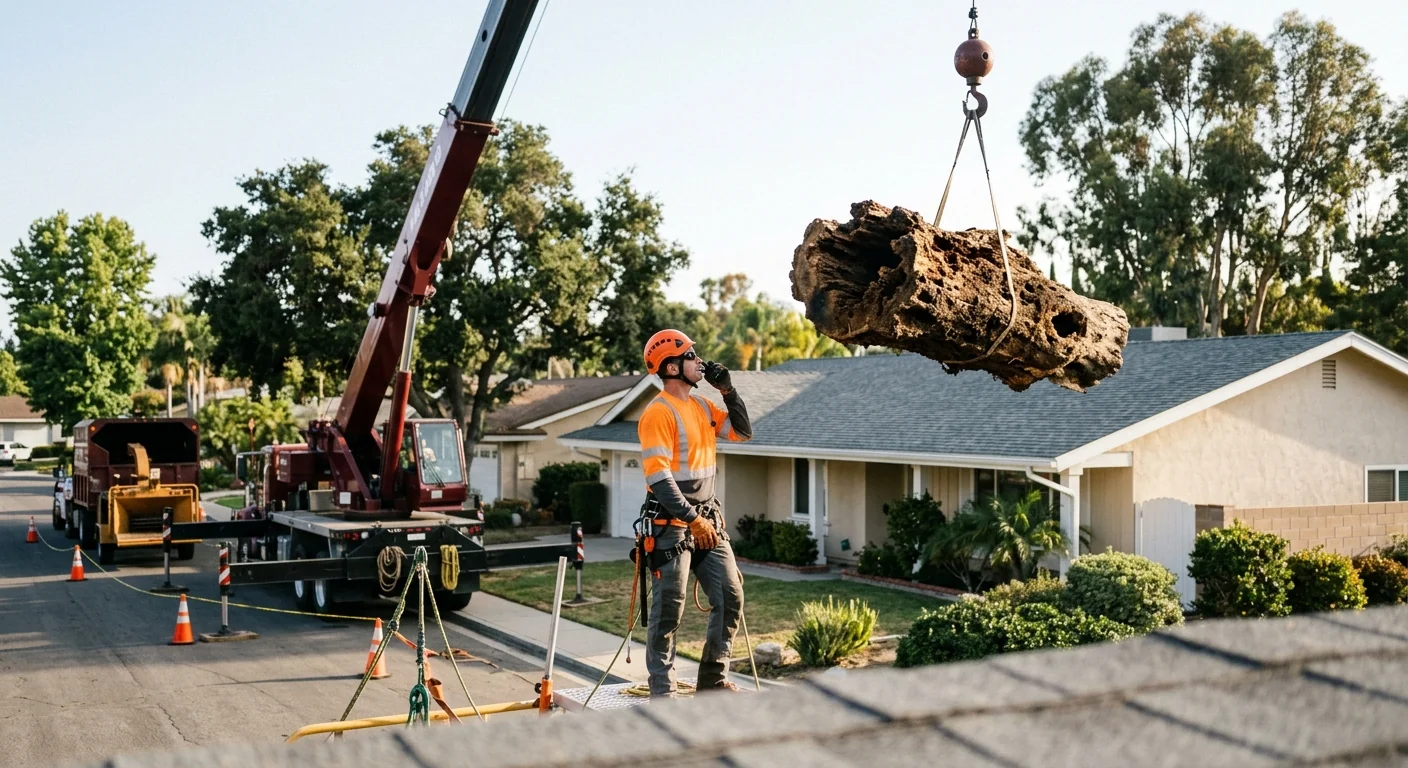 Crane lifting a large decayed trunk section over a Camarillo residential rooftop