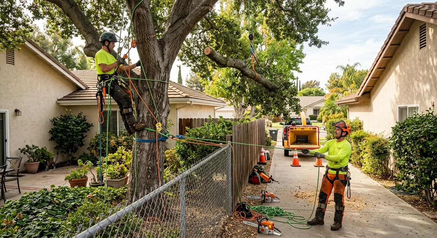Arborist rigging limbs down in a tight backyard beside a fence line
