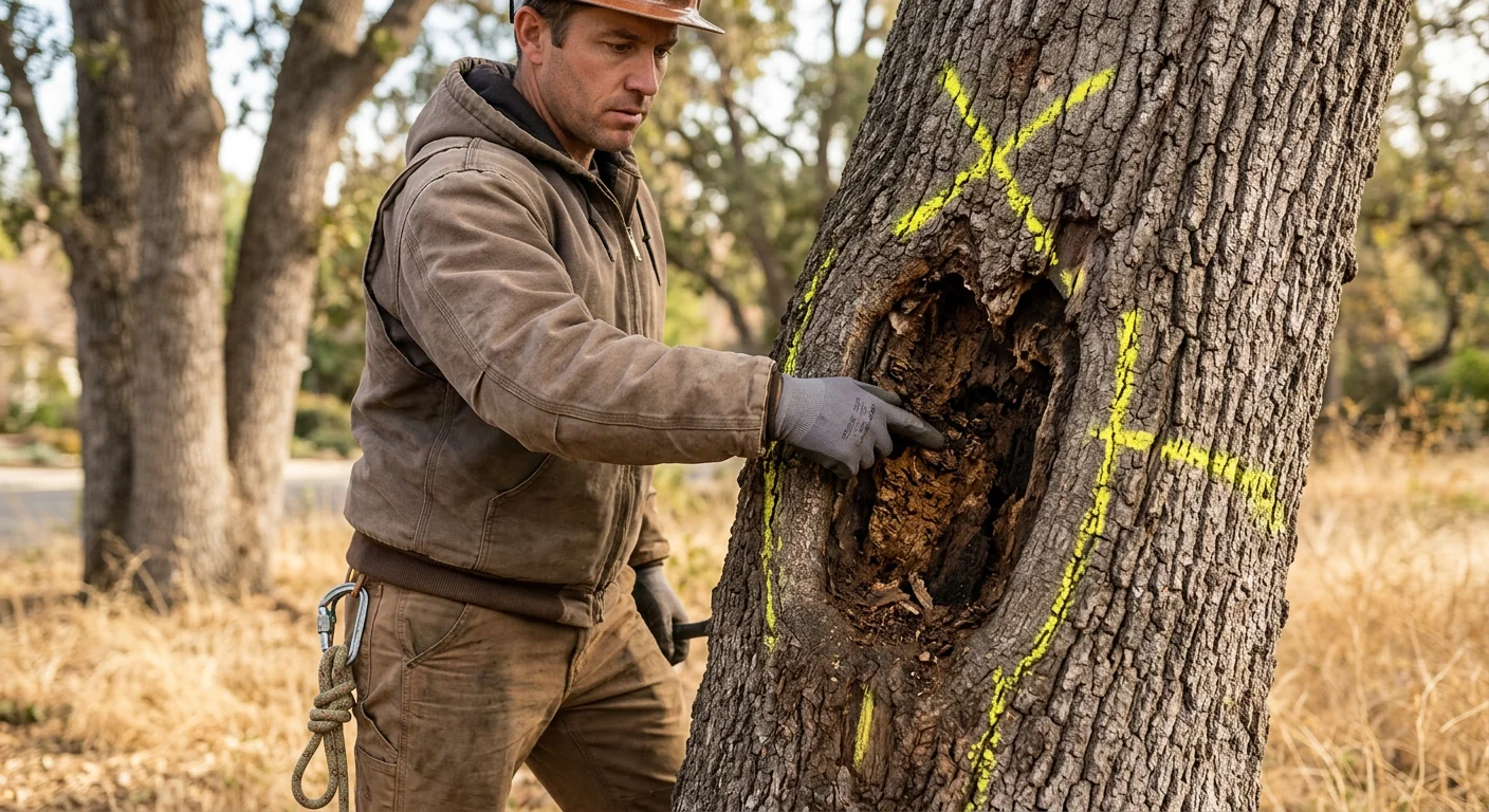 Close-up of trunk cavity and fungal decay marked for hazardous removal