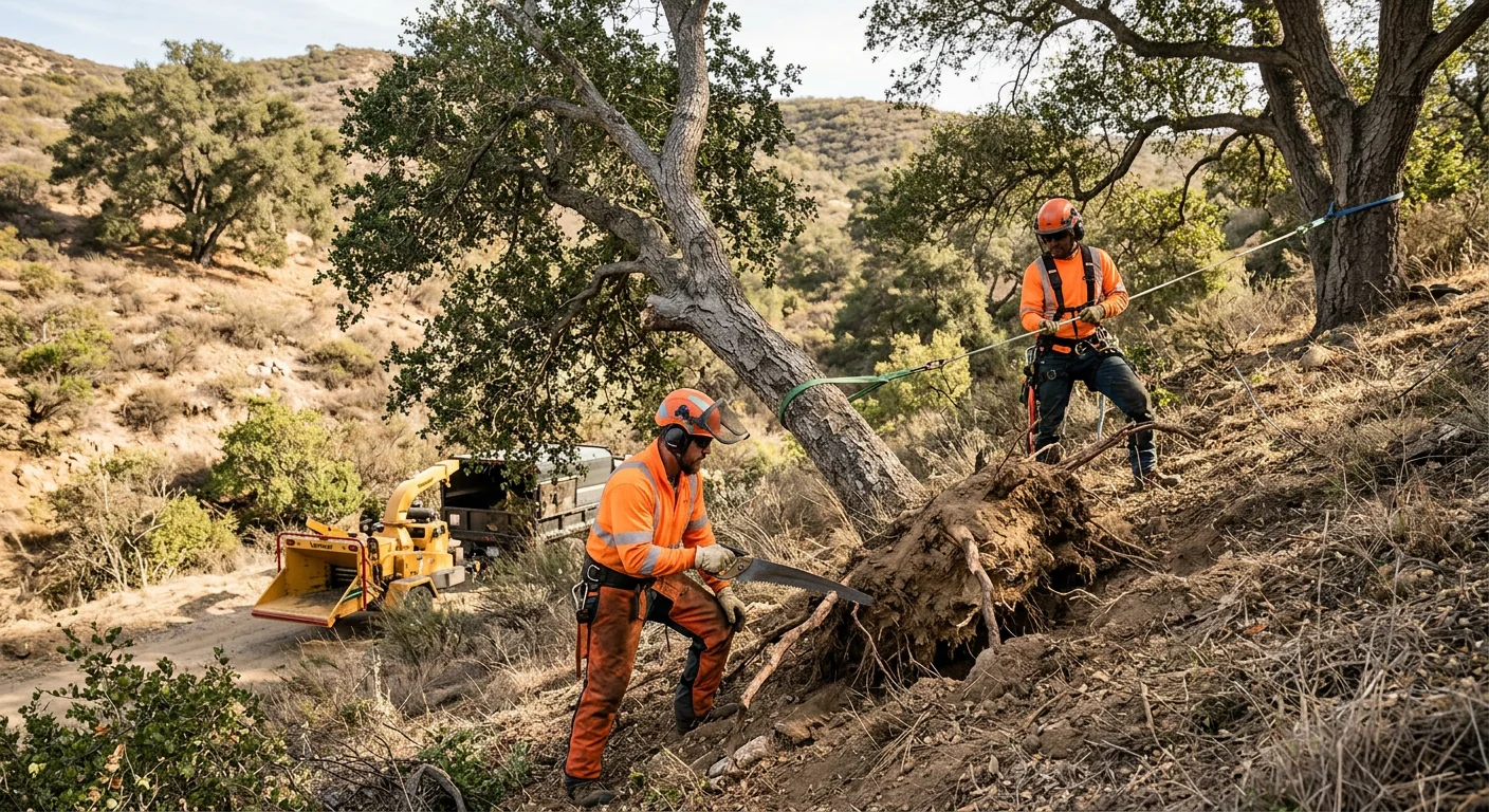 Leaning hillside tree with lifted root plate before controlled dismantling