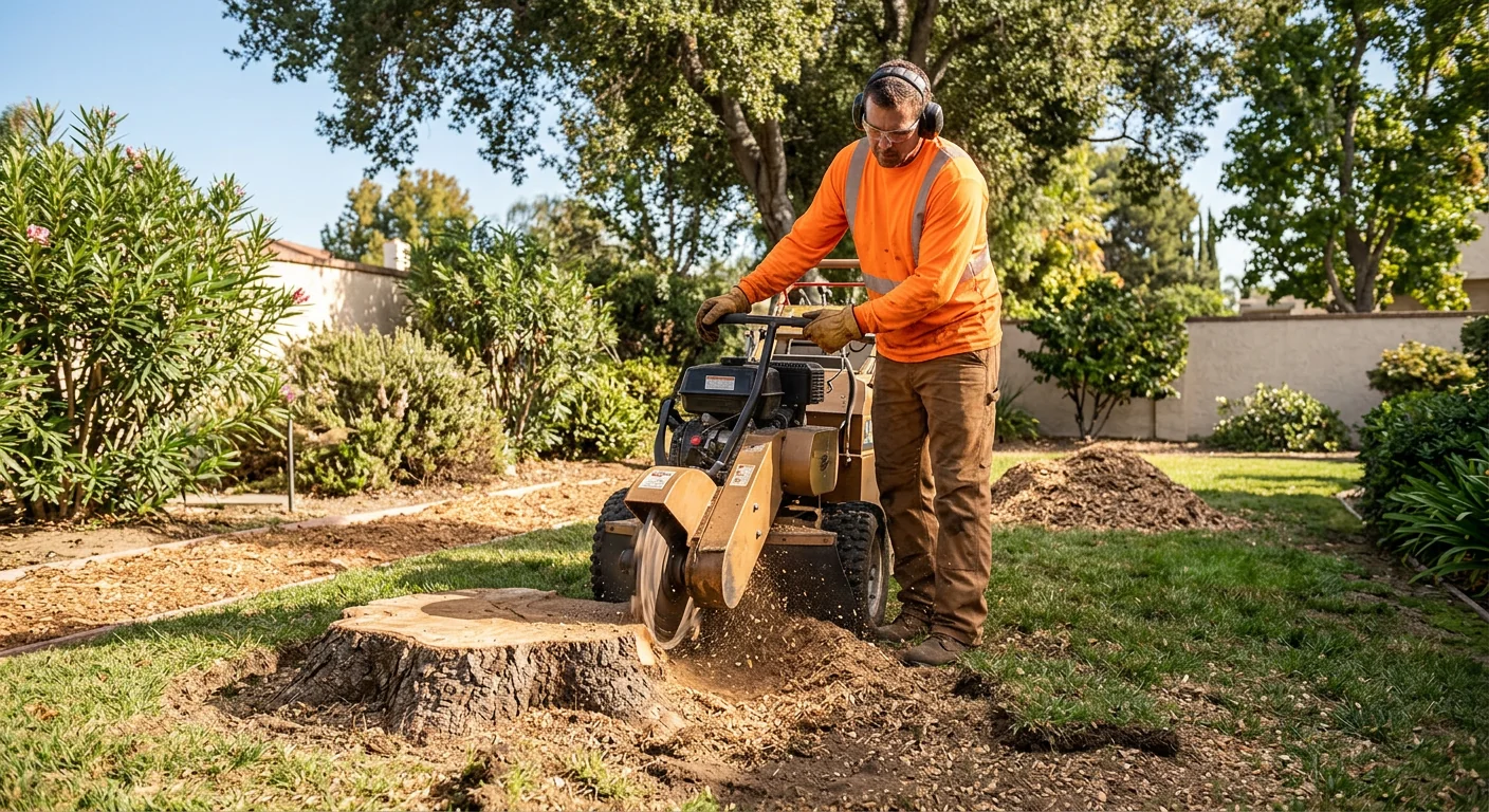 Stump grinder reducing a removed tree stump below grade in a Camarillo yard