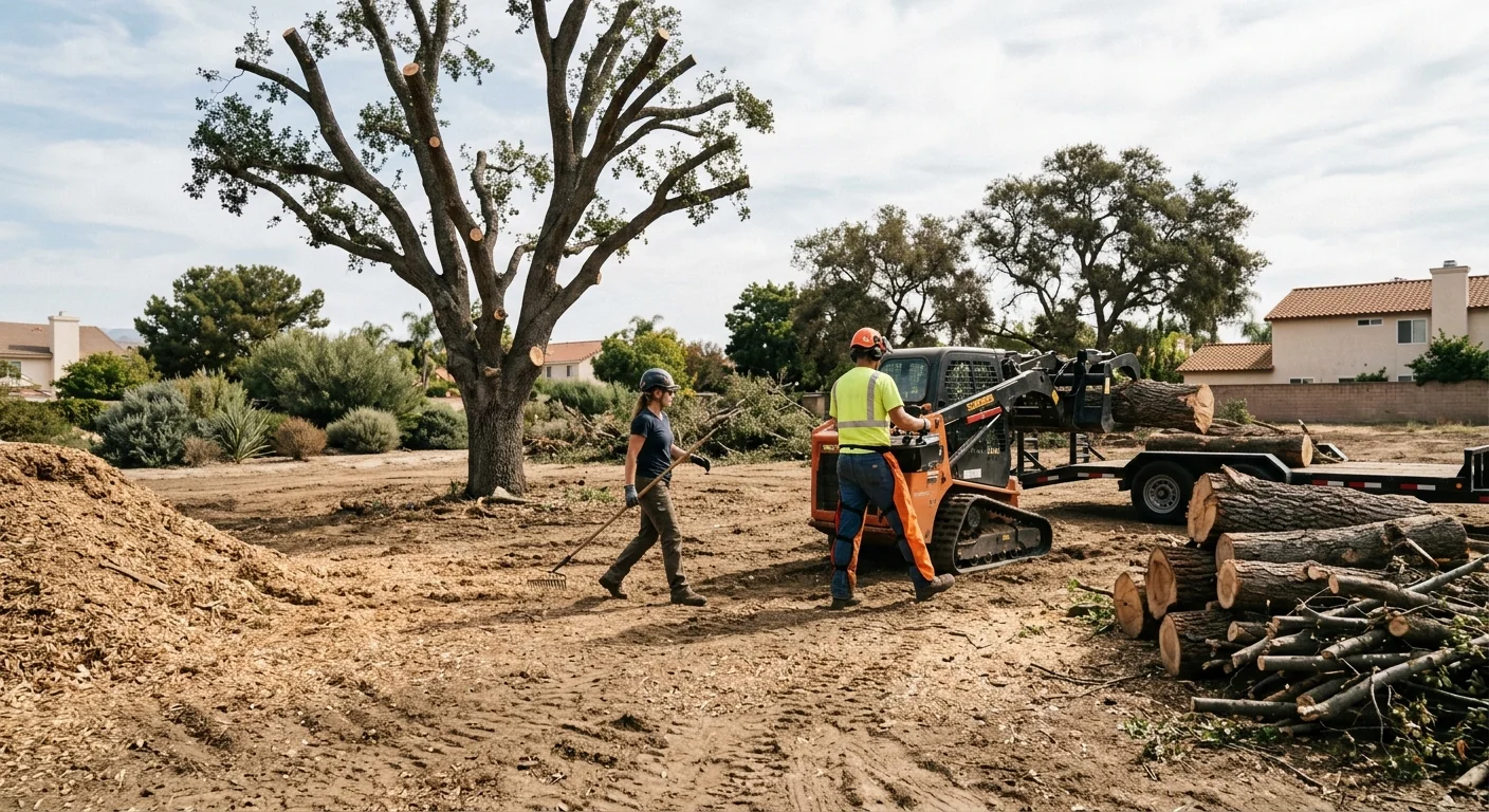 Cleared lot with debris hauled away after storm-damaged tree removal