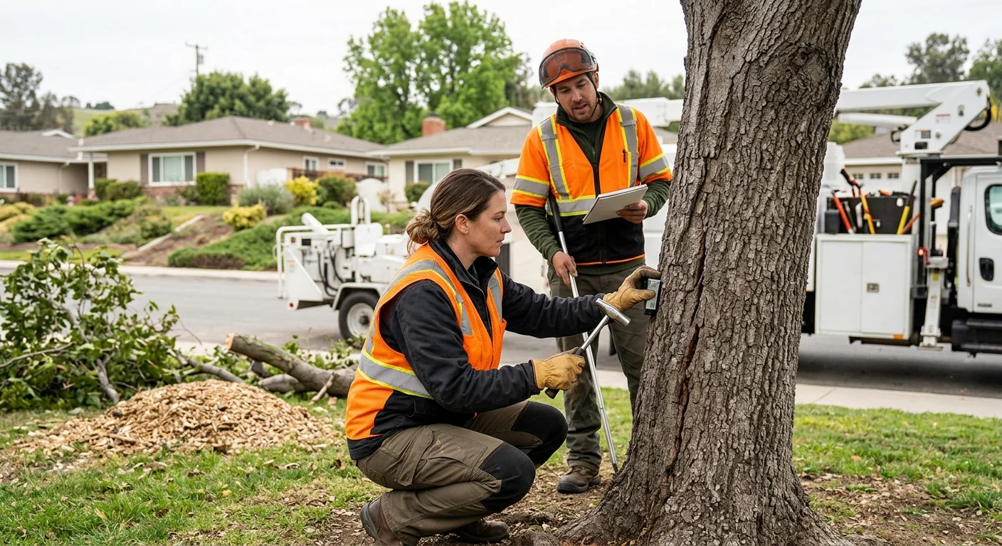 Crew inspecting remaining trees for structural defects after removal