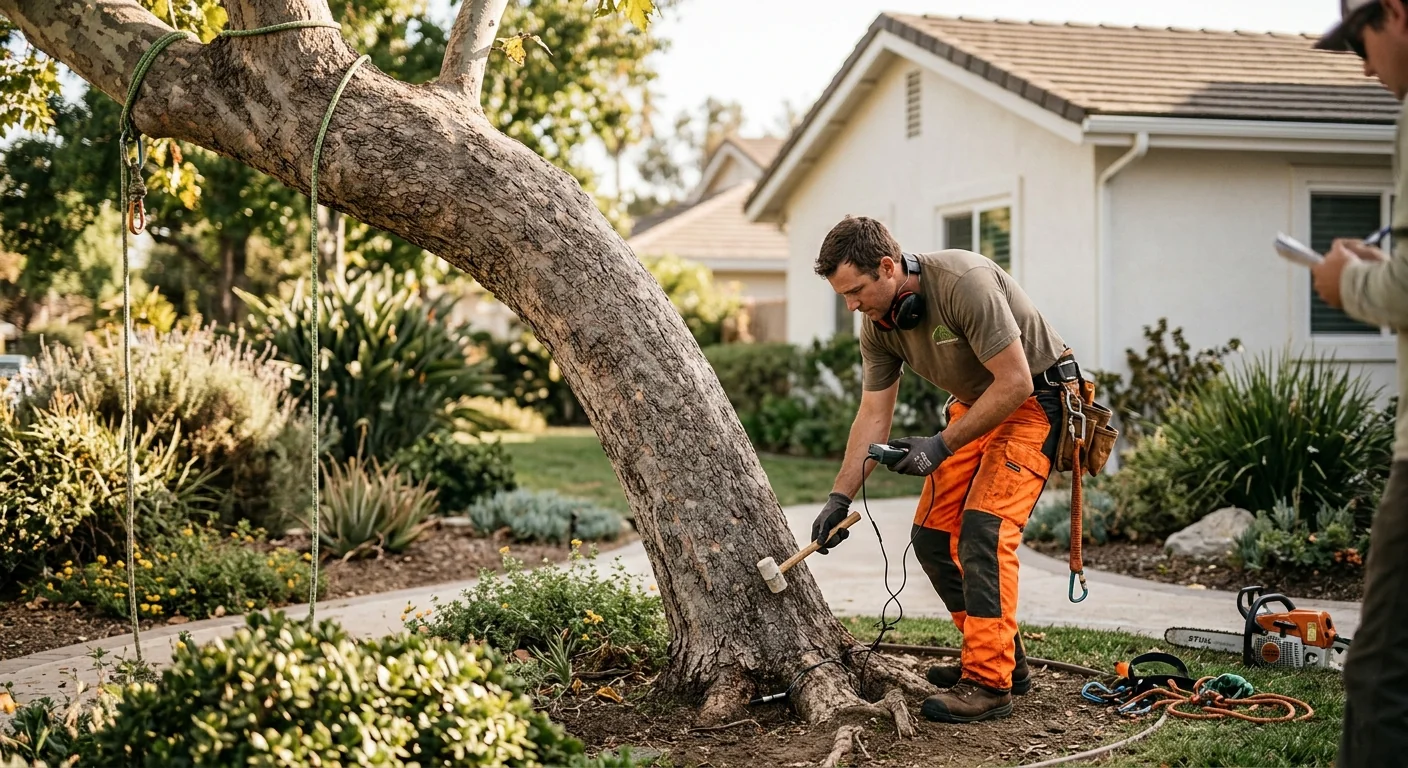 Arborist performing structural risk assessment on a leaning hazardous tree in Camarillo backyard