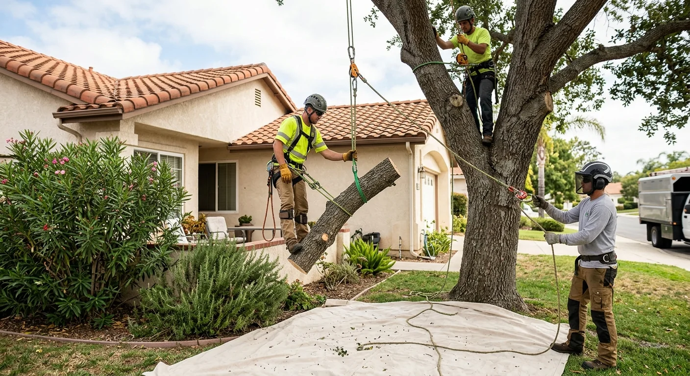 Crew using rigging system to safely lower storm-weakened tree section near residential home
