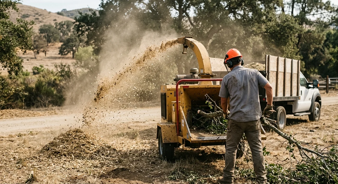 Wood chipper processing branches and debris during rural lot clearing near Camarillo