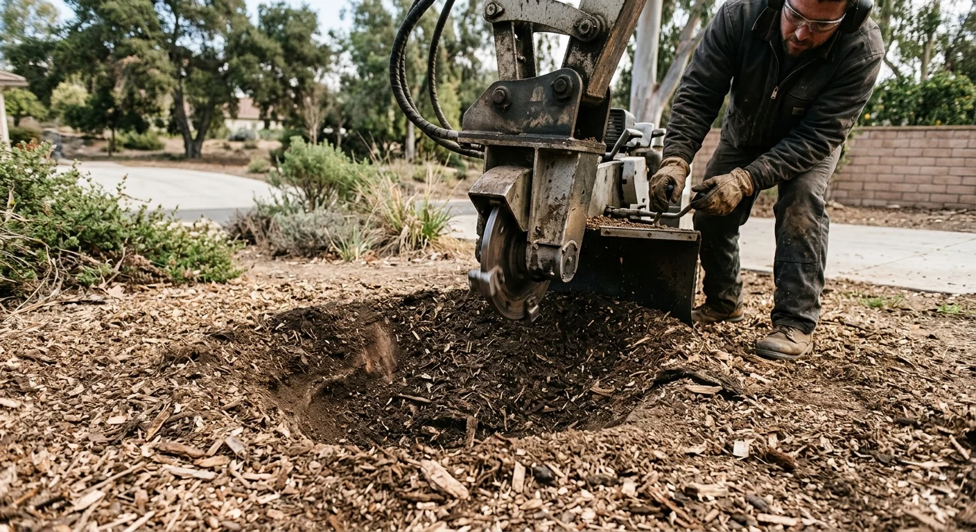 Close-up of stump ground below grade with fresh wood chips on cleared lot