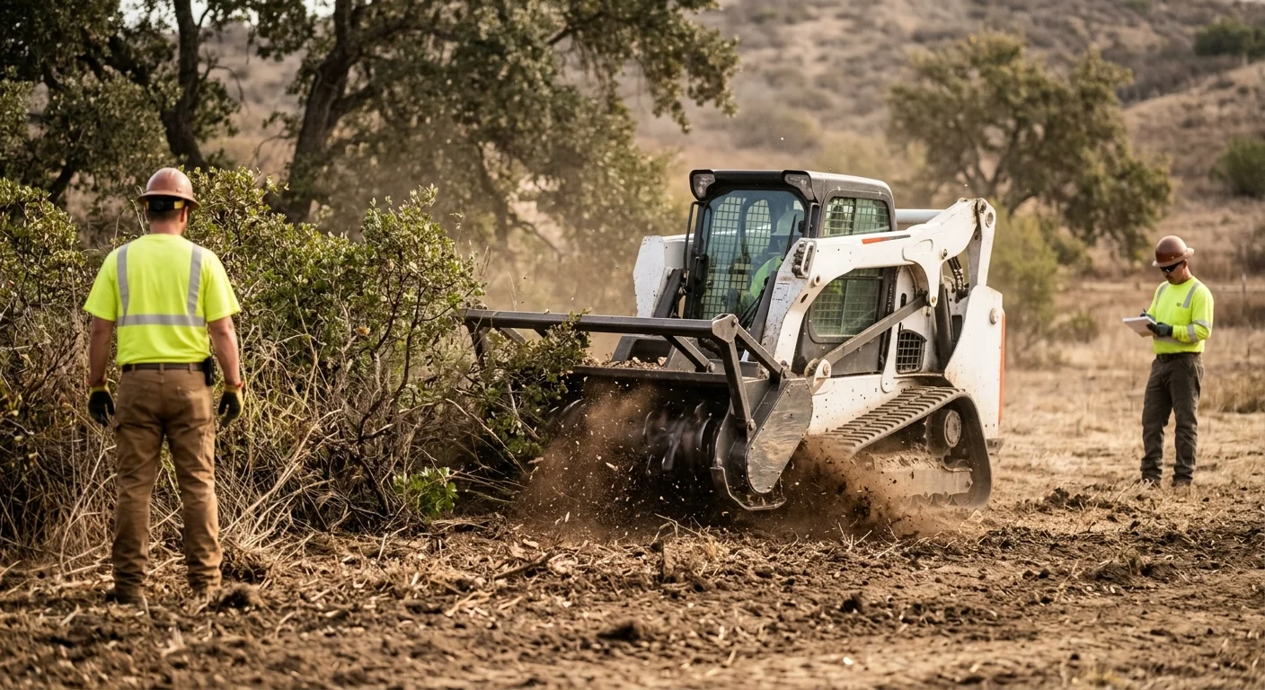 Unbranded clearing machine removing thick brush across a large Camarillo parcel