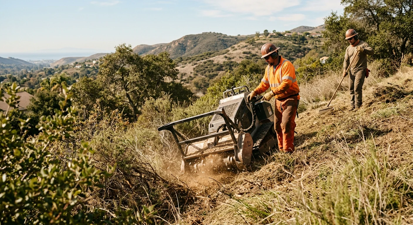 Crew operating brush mulcher during land clearing on a sloped Camarillo lot