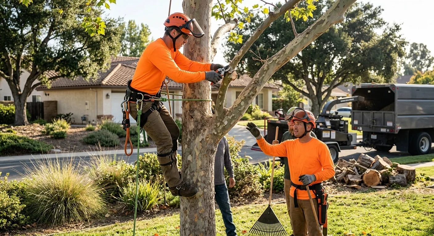 Arborist evaluating storm-damaged tree for cleanup pricing on a Camarillo property